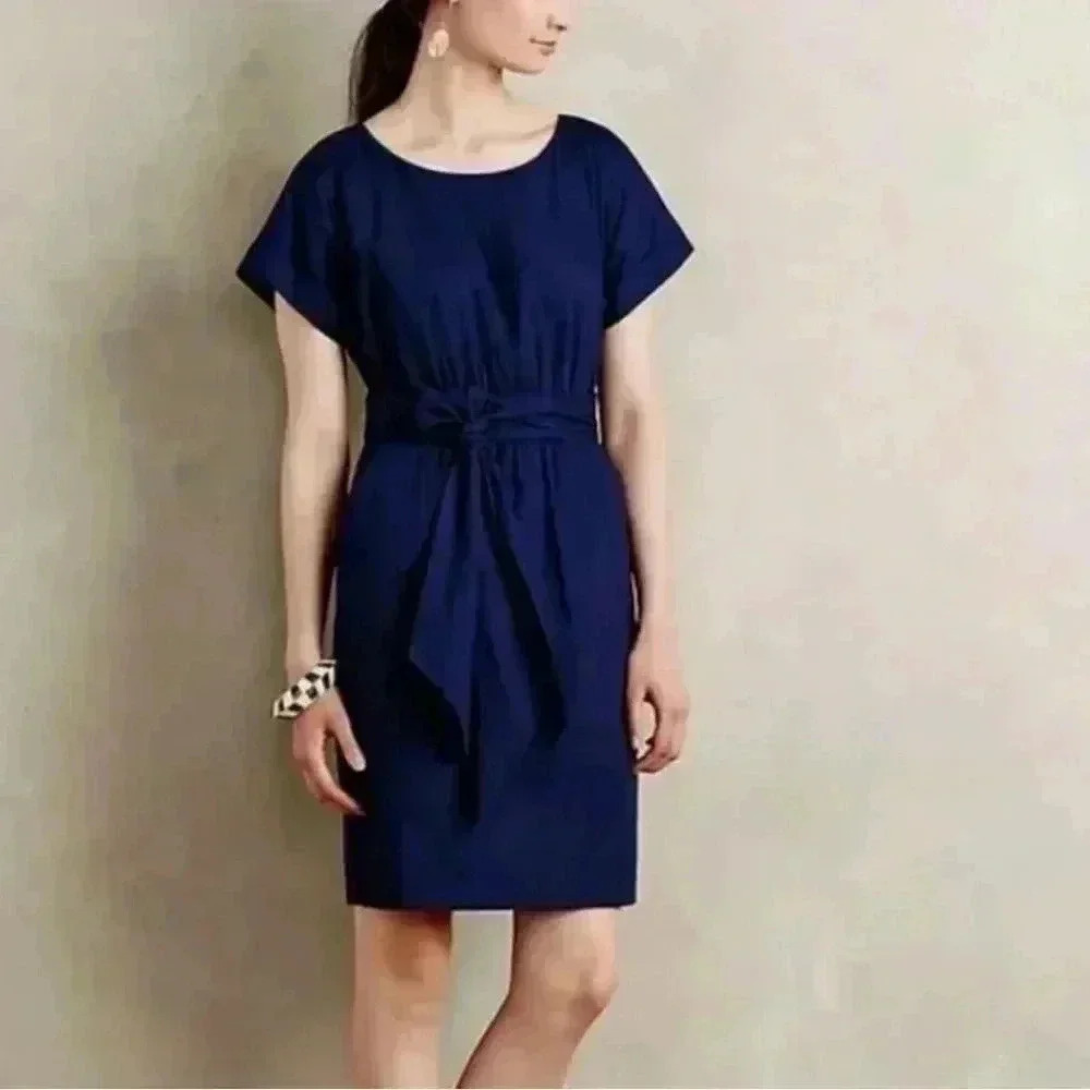 Anthropologie HD in Paris Size 4P Poplin Sheath Dress W/Pockets & Tie Belt Navy